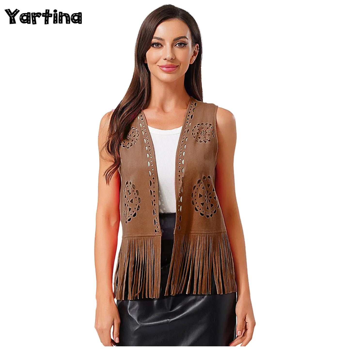 Costume de Cosplay Hippie pour femmes, Cowgirl occidentale, Vintage, débardeur à franges ajourées, gilet à franges, gilet Disco des années 70 en Faux daim