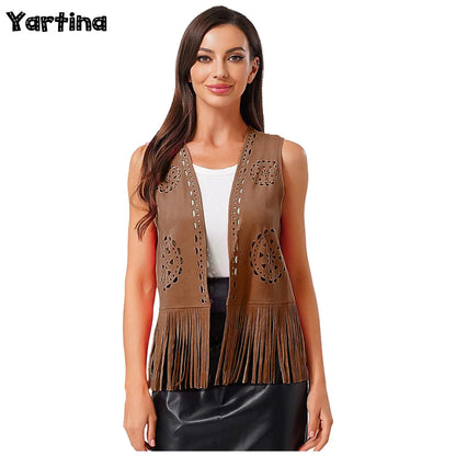 Costume de Cosplay Hippie pour femmes, Cowgirl occidentale, Vintage, débardeur à franges ajourées, gilet à franges, gilet Disco des années 70 en Faux daim
