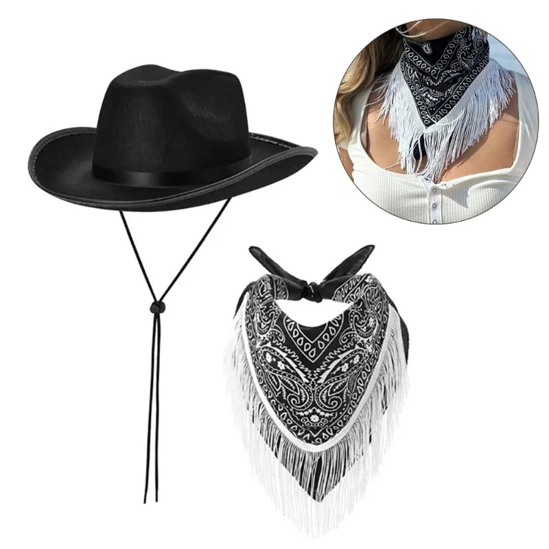 Ensemble Costume de Cowgirl Frangé pour Enterrement de Vie de Jeune Fille Chapeau de Cowboy Imprimé Bandanas Femmes Costumes de Douche Nuptiale Tenue de Soirée