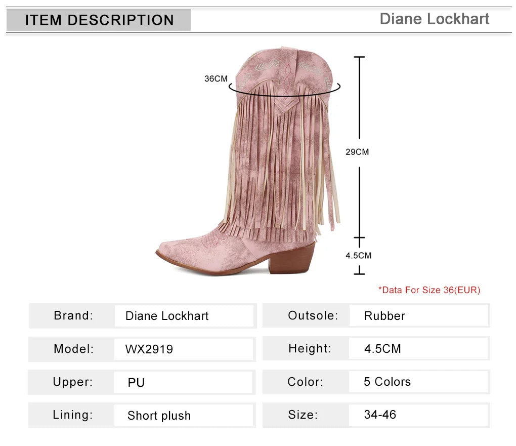 Bottes de cowboy pour femmes, brodées, à glands, talons épais, bout pointu, roses, de style western, bottes compensées sans lacets pour femme