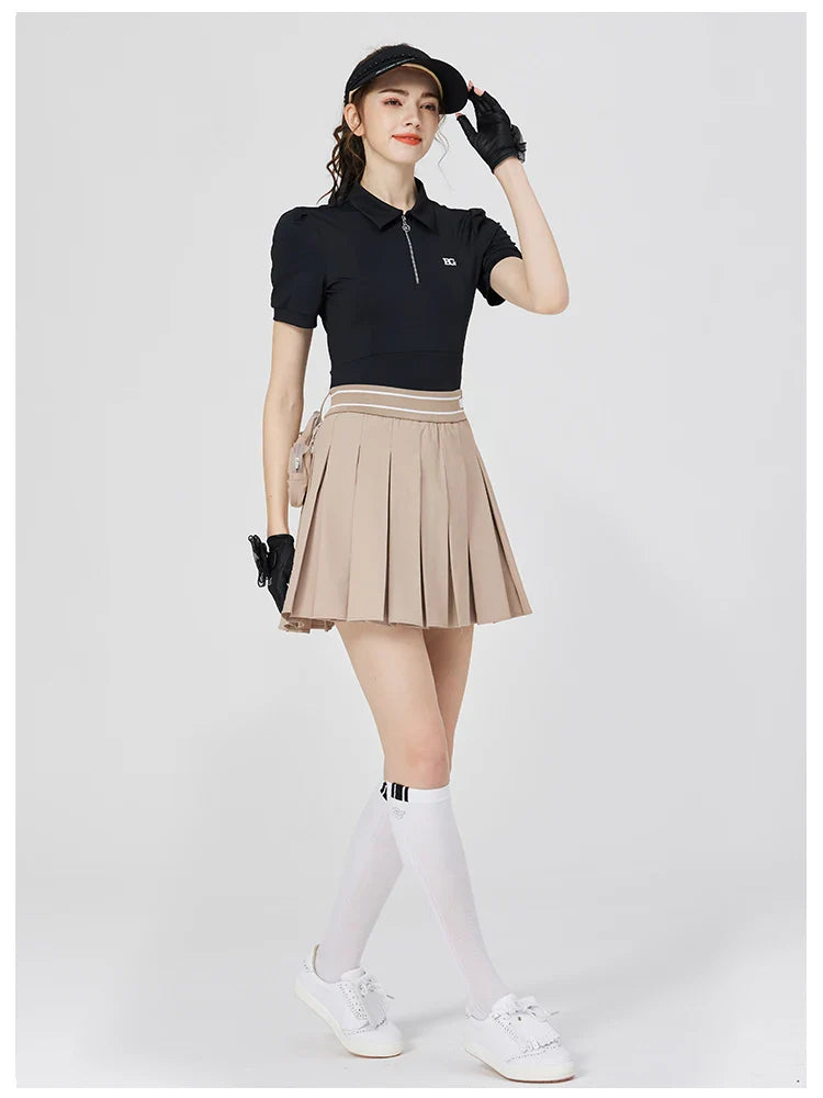 Blktee Slim Zipper Collar Golf Shirts Women Puff Short-sleeved Tops Ladies High Waist Golf Skirts Pleated Skorts with Ball Bag