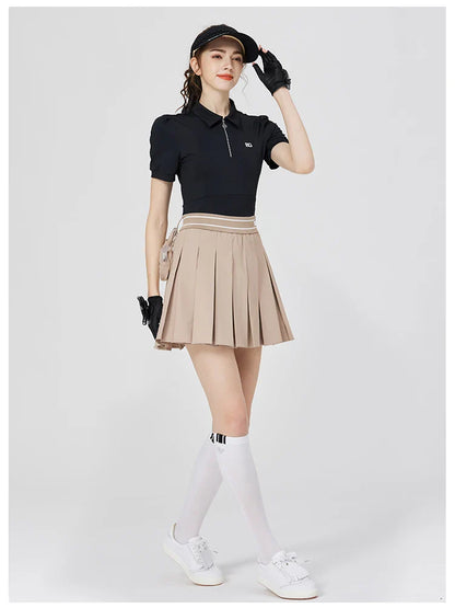 Blktee Slim Zipper Collar Golf Shirts Women Puff Short-sleeved Tops Ladies High Waist Golf Skirts Pleated Skorts with Ball Bag