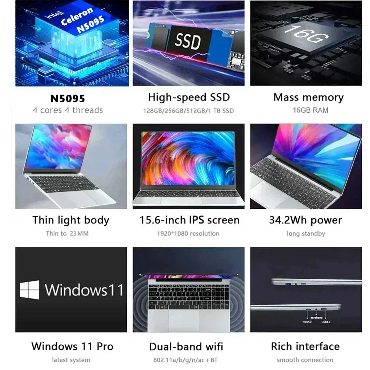 CARBAYTA 15.6" Laptop Computer Intel Celeron N5095 Notebook PC 16 32G Ram 128GB-2TB SSD Office Study PC Windows 11 1080P Laptops