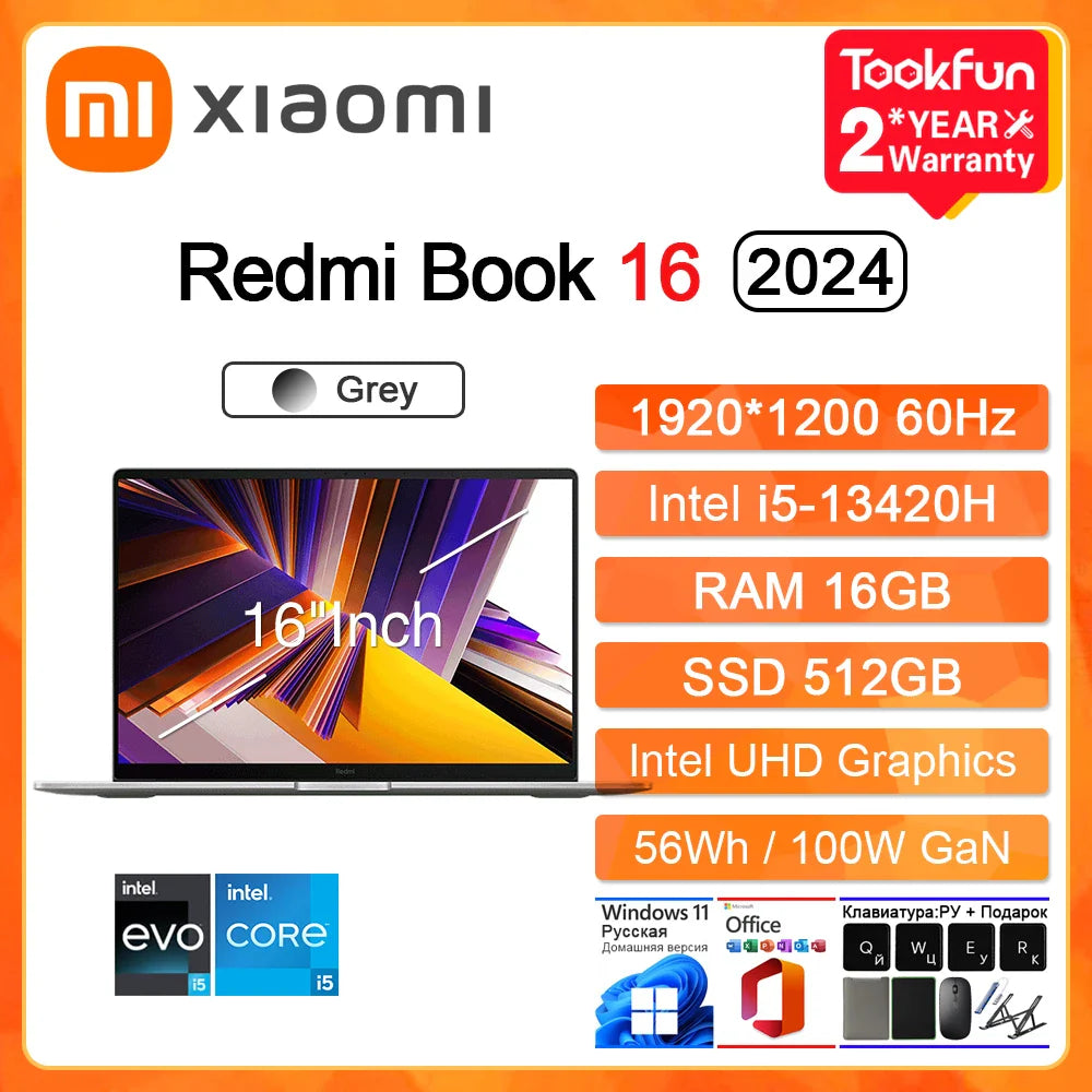 XIAOMI Redmi Book 16 2024 Laptop Intel i5 13500H RAM 16GB SSD 512GB 16"Inch 2.5K 120Hz Windows 11 Notebook Ultrabook Computer PC
