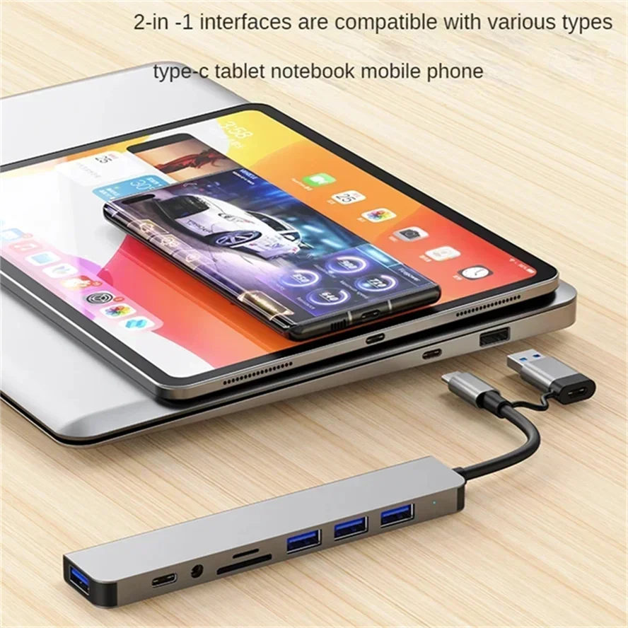 8 in 2 Docking Station USB Type C HUB with 3.5mm Audio Jack Adapter Micro SD Card Reader Laptop Tablet Phone Disk Converter