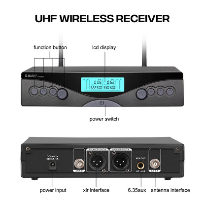 Sans fil Microphone G-MARK G320AM Professionnel UHF 2 Canaux Karaoké Mic De Poche Automatique Fréquence Réglable 100M