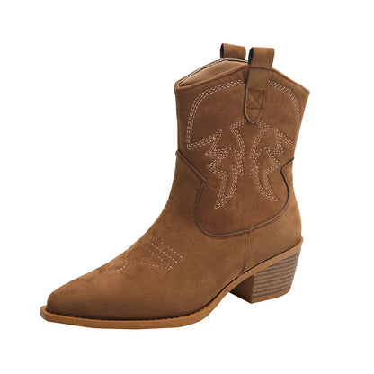Nouvelles Chaussures Brodés à Bout Pointu Bottes de Chevalier à Talon Épais Bottes Courtes de Cowboy Western Rétro à Enfiler Botas De Mujer 2025