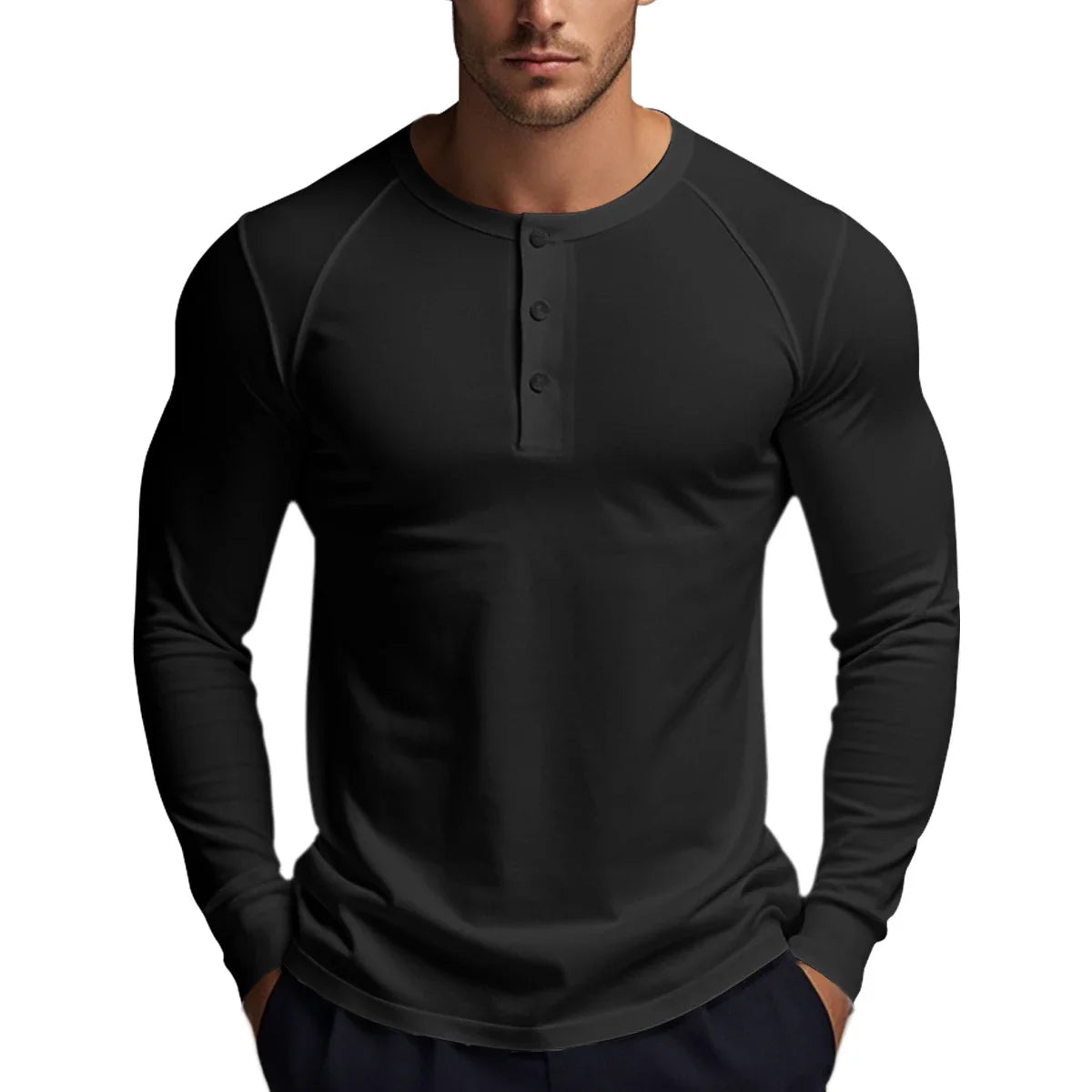 T-shirts boutonnés à manches longues pour hommes, col Henley, décontractés, de haute qualité, pour l'automne