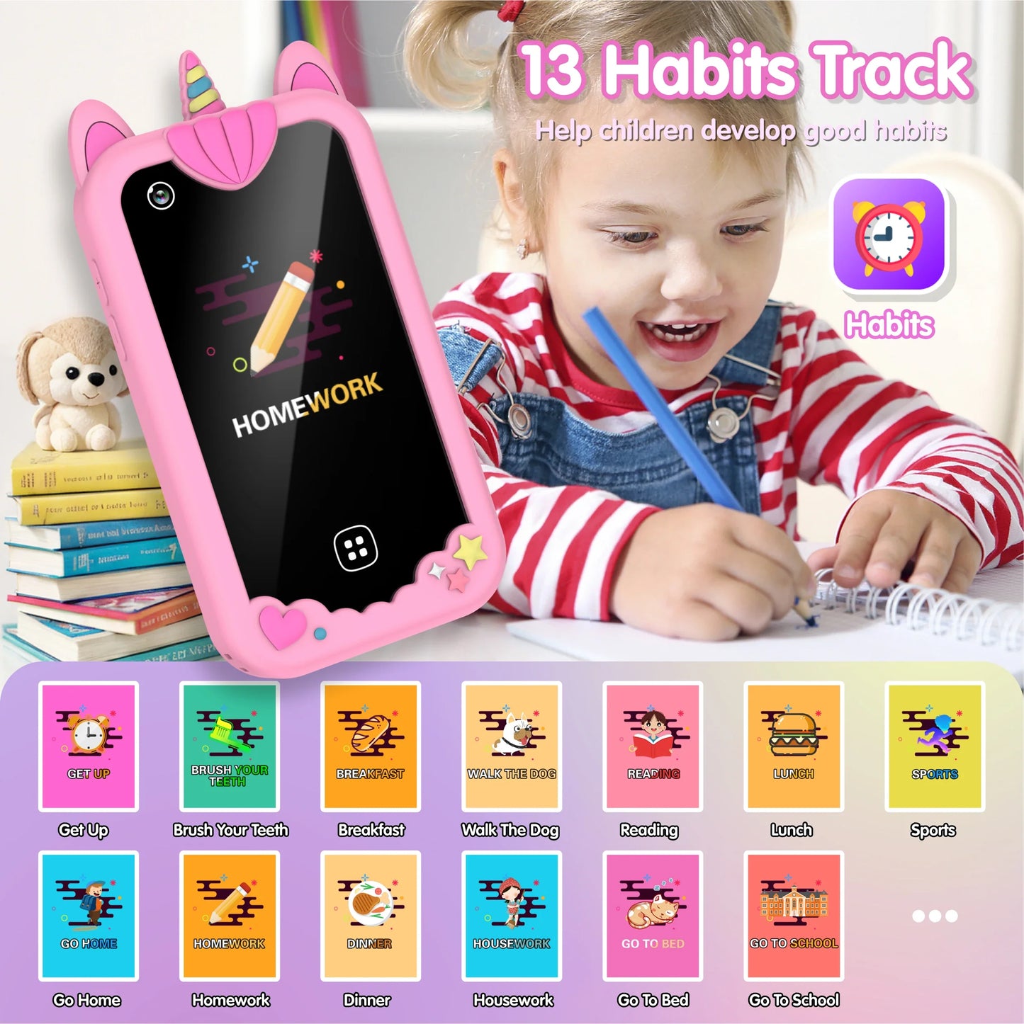 Téléphone intelligent pour enfants Filles Garçons Jouets Téléphone portable Double appareil photo Lecteur de musique 17 jeux Téléphone d'apprentissage pour tout-petits Cadeaux d'anniversaire