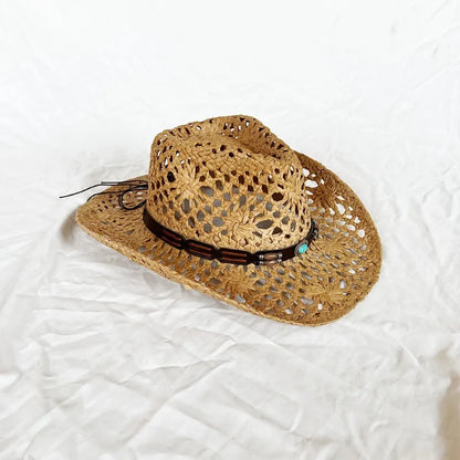 Ethnic Style Western Cowboy Straw Hats Women Handmade Hollowed Sun Hats Shapeable Beach Hat Panama with Detachable Chin Strap