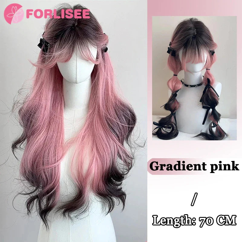 Pink Blonde Highlights Long Wavy Wig Synthetic Colorful Lolita Cosplay Hair Wigs with Bangs for Women Heat Resistant Daily Use