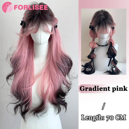 Pink Blonde Highlights Long Wavy Wig Synthetic Colorful Lolita Cosplay Hair Wigs with Bangs for Women Heat Resistant Daily Use