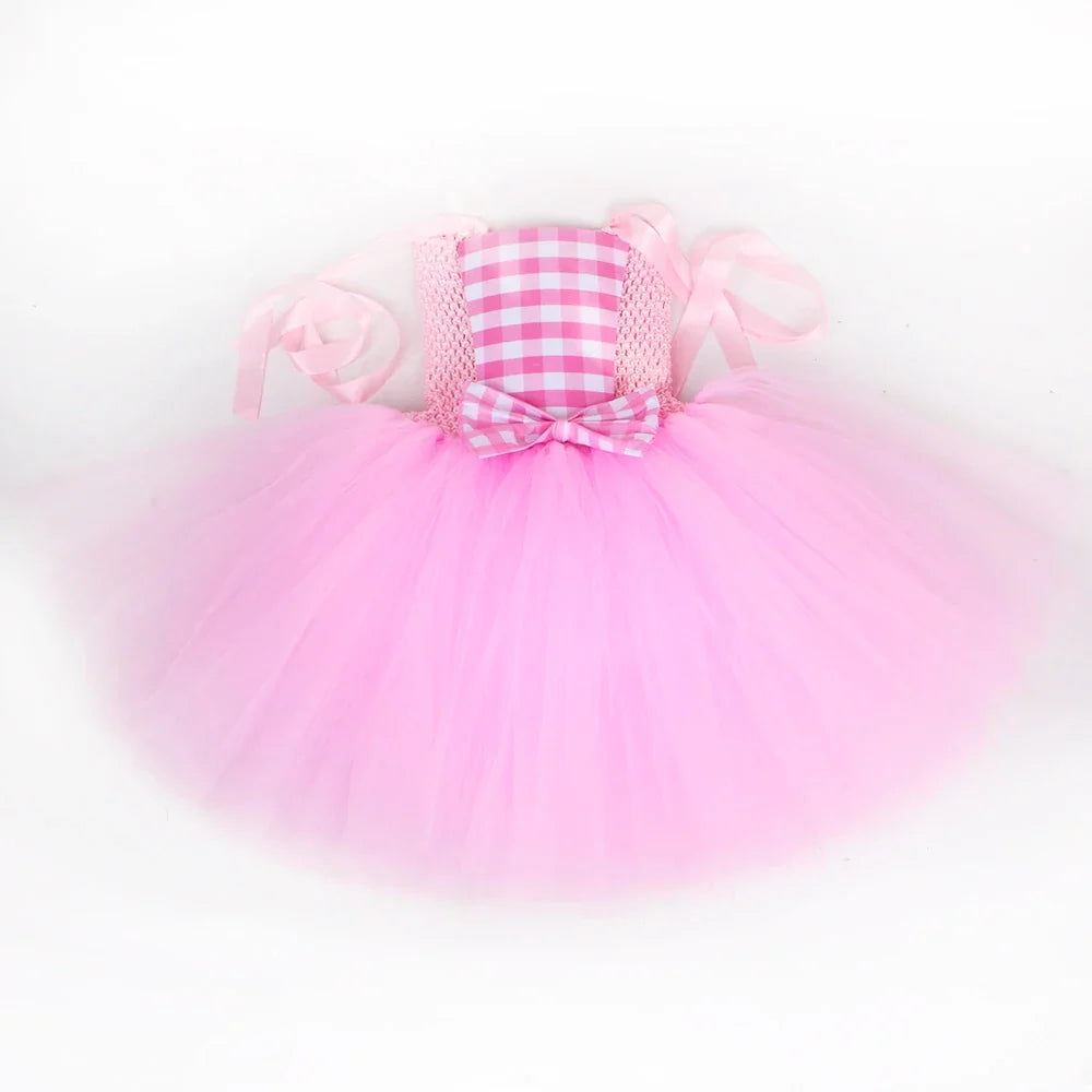 Costume Barbie La Movie pour filles Margot Robbie Robe tutu en tulle à carreaux rose Vêtements de déguisement de princesse pour enfants pour Halloween et fêtes d'anniversaire