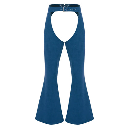Womens Faux Suede Leather Cowboy Pants Vintage Adjustable Waist Hollow Out Bell Bottoms Biker Pants Riding Motorcycle Trousers