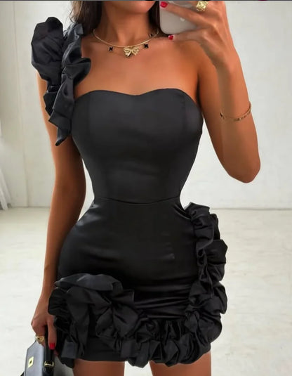 Customized High Quality Sleeveless One Shoulder Sweetheart Above Knee Black Wrinkle Zipper Robe De Soiree Cocktail Dresses فستان
