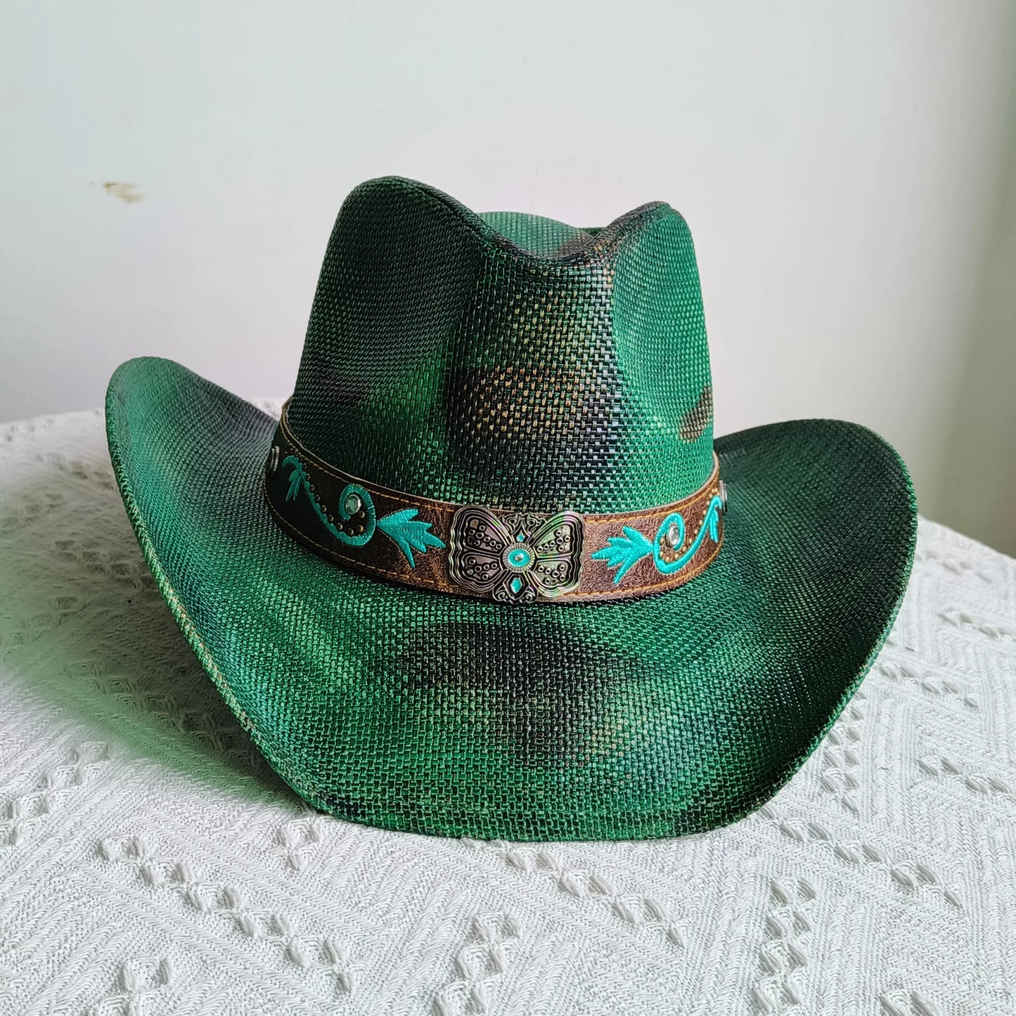 Hand-painted Western Cowboy hat Bronze green hat for men women Large Brim stiff straw hat summer sombrero vaquero hombreковбойс