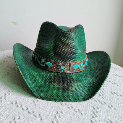 Hand-painted Western Cowboy hat Bronze green hat for men women Large Brim stiff straw hat summer sombrero vaquero hombreковбойс