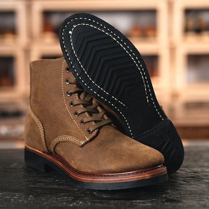 Bottes de Moto rétro en cuir de vache, montantes, durables, soudées Goodyear, chaussures de marche résistantes à l'usure pour hommes