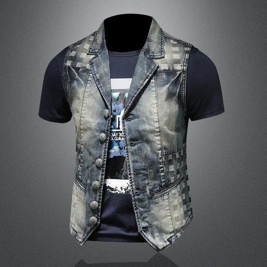 2024 Punk Embroidered Cowboy Waistcoat for Men Fashion Handsome Autumn New Personality Suit Collar Literary High Quality