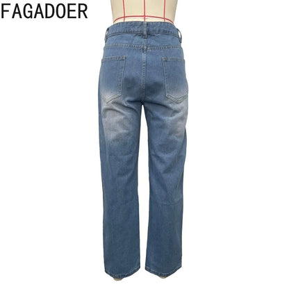FAGADOER Jean ample à imprimé et couture diamant avec trous pour femme, taille haute, bouton, poche, en denim, pantalon décontracté, streetwear féminin