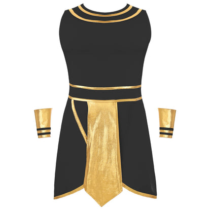 Mens Ancient Egypt Costume Adults Halloween Masquerade Cosplay Carnival Party Dress Sleeveless Themed Roleplay Dress with Cuffs