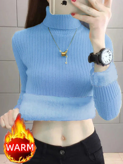 Turtleneck Winter Sweater Women Elegant Thicken Velvet Lined Warm Sueter Fleece Knitted Pullover Slim Top Jersey Knitwear Jumper