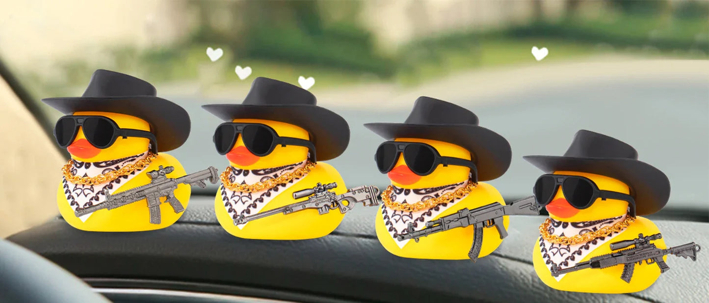 Car Rubber Duck Ornament Cool Car Accessories Duck Car Dashboard Decoration Cowboy Hat Duck with Weapon Necklace, AK47 M416