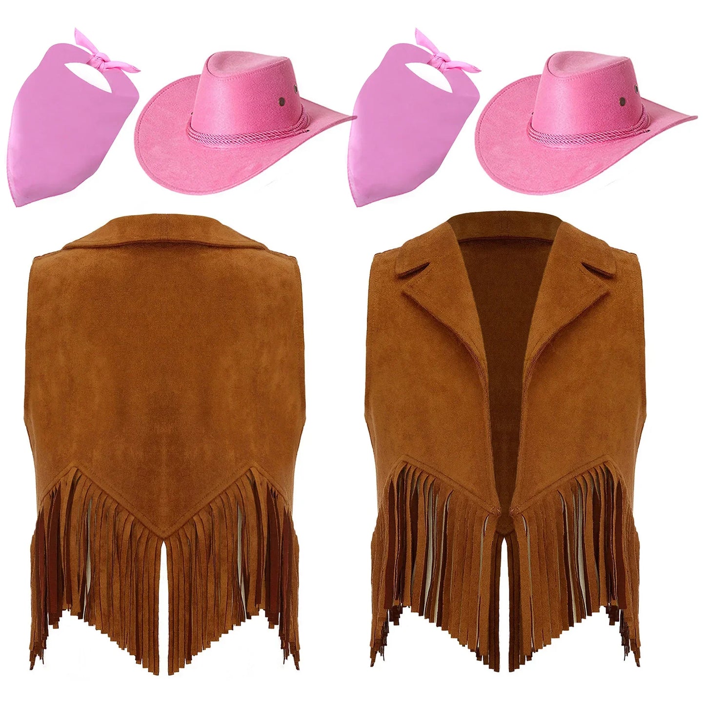 Costume de cosplay pour filles, cow-girl western, gilet en daim rétro à franges, ouvert sur le devant, avec bandana, foulard et chapeau pour Halloween et le carnaval