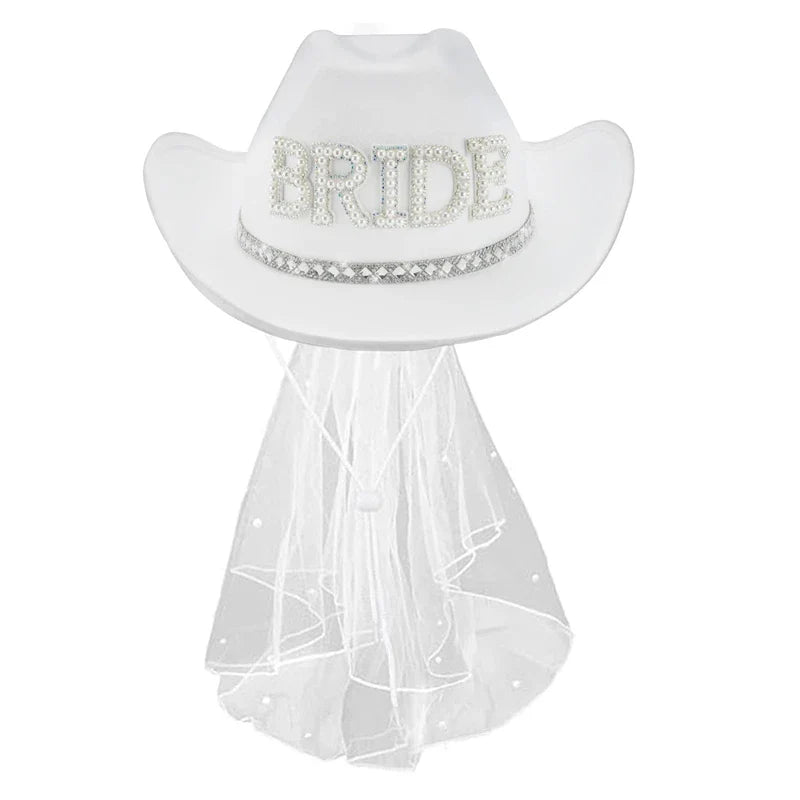Chapeau de Cowboy blanc de mariée avec voile, perles et strass, chapeau de Cowgirl pour mariage, enterrement de vie de jeune fille, douche nuptiale, décoration, cadeau