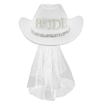 Chapeau de Cowboy blanc de mariée avec voile, perles et strass, chapeau de Cowgirl pour mariage, enterrement de vie de jeune fille, douche nuptiale, décoration, cadeau