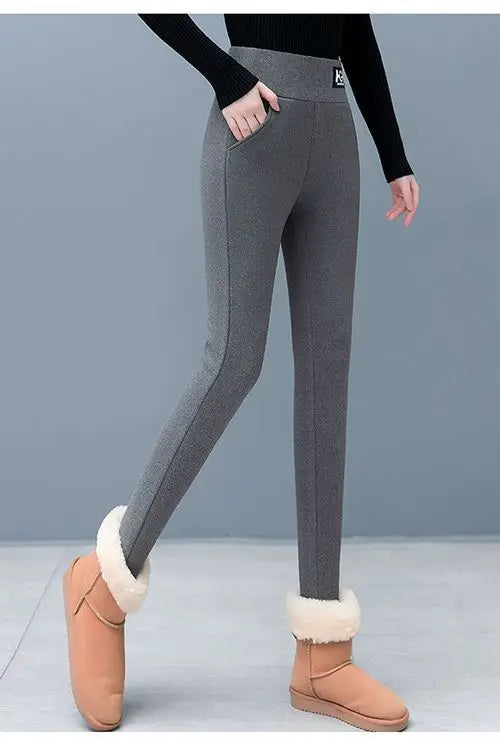 Leggings en laine d'agneau femmes taille haute Leggings chauds en plein air marche pantalons décontractés extensible maigre avec poche Leggings élégants