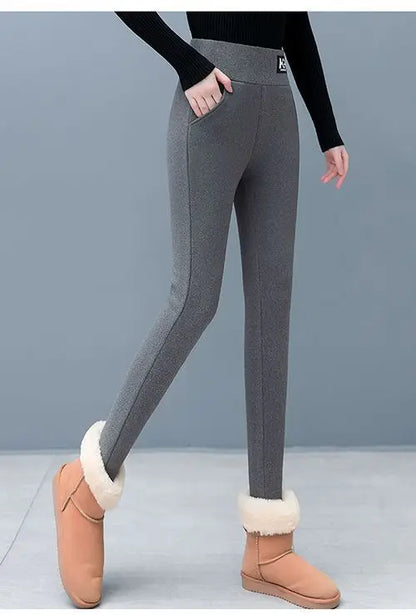Leggings en laine d'agneau femmes taille haute Leggings chauds en plein air marche pantalons décontractés extensible maigre avec poche Leggings élégants