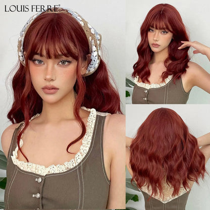 Brown Blonde Ombre Synthetic Wigs for Women Medium Length Wavy Layered Wigs With Side Bangs Daily Party Heat Resistant Fake Hair