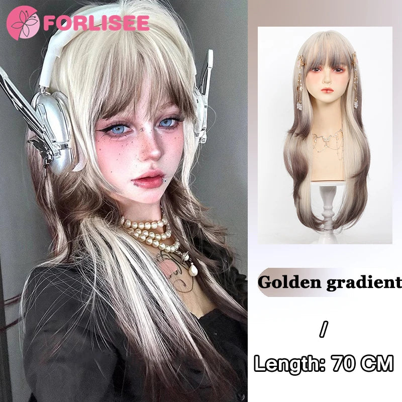 Pink Blonde Highlights Long Wavy Wig Synthetic Colorful Lolita Cosplay Hair Wigs with Bangs for Women Heat Resistant Daily Use