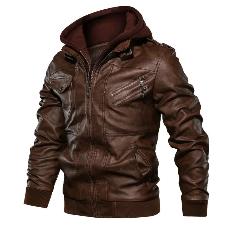 Male PU Hooded Collar Zipper Autumn Casual Slim Windbreaker Chaquetas Motorcycle Leather Jacket Men Winter Fleece Tactics Coat