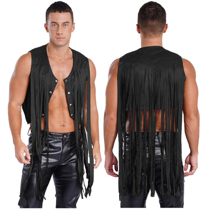 Gilet de costume de cosplay cow-boy occidental pour hommes, gilet hippie disco années 60, en faux daim, avec pompons, cardigan pour fête costumée d'Halloween ou de carnaval