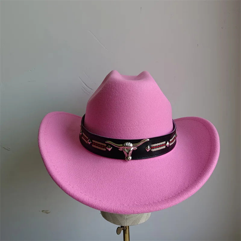 Ethnic Style Cowboy Hat Fashion Chic Unisex Solid Color Jazz Hat With Bull Shaped Decor Western Cowboy Hats
