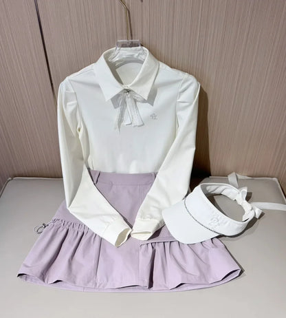 PL Golf Women New Autumn Top Puff Long Sleeve Polo Shirts Elegant Korean Style T-shirts Lady Pleated Golf Cargo Skirt with Short