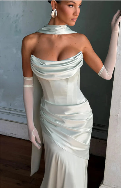 Robe de mariée fourreau en satin sans bretelles à plis simples avec longue écharpe, robe de mariée sur mesure 2025, Vestido De Noiva