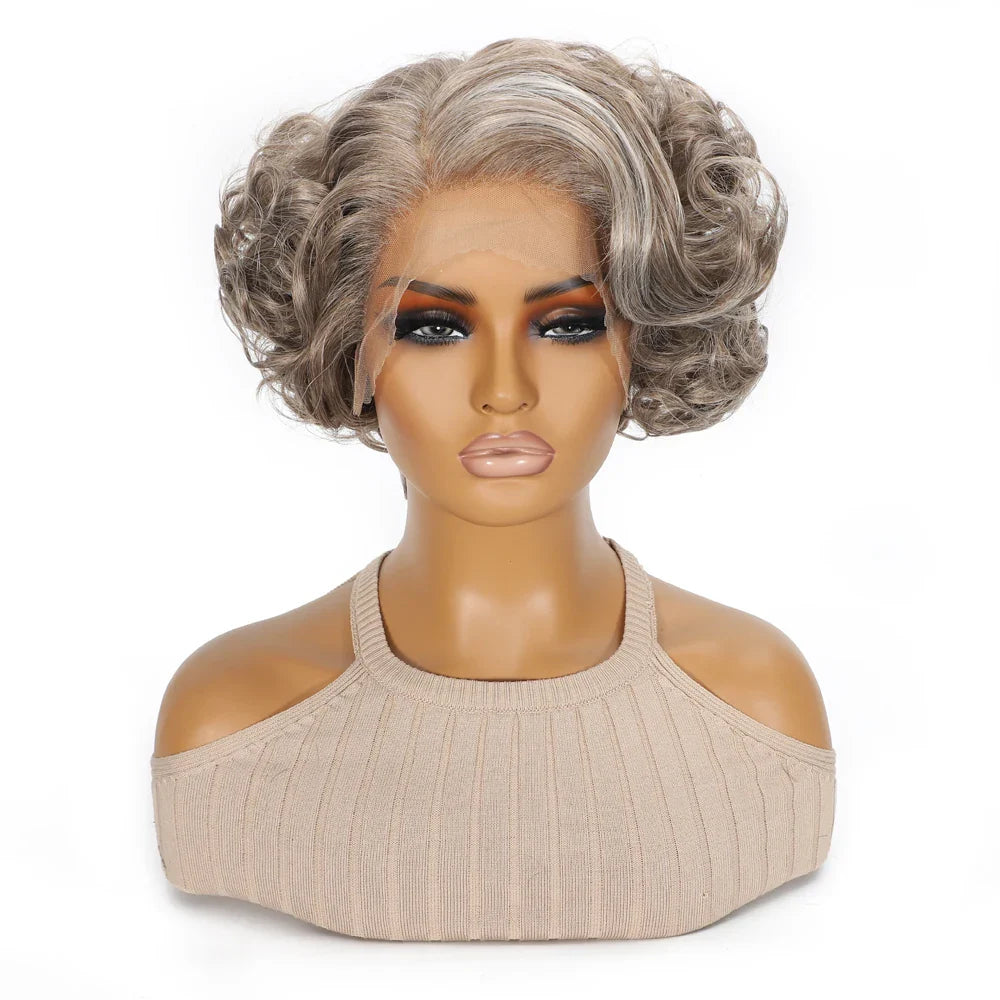 10 Inch Short Curly Wavy Blonde Black Grey Synthetic Wig for Women Natural Look T-Part Lace Front Hair Replacement