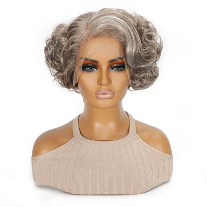 10 Inch Short Curly Wavy Blonde Black Grey Synthetic Wig for Women Natural Look T-Part Lace Front Hair Replacement