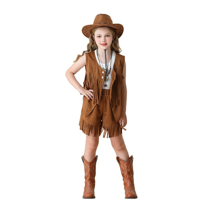 Costume de Cowboy pour filles, gilet à franges, Style bohème rétro, short en Denim occidental en velours pour filles, Costume Hippie