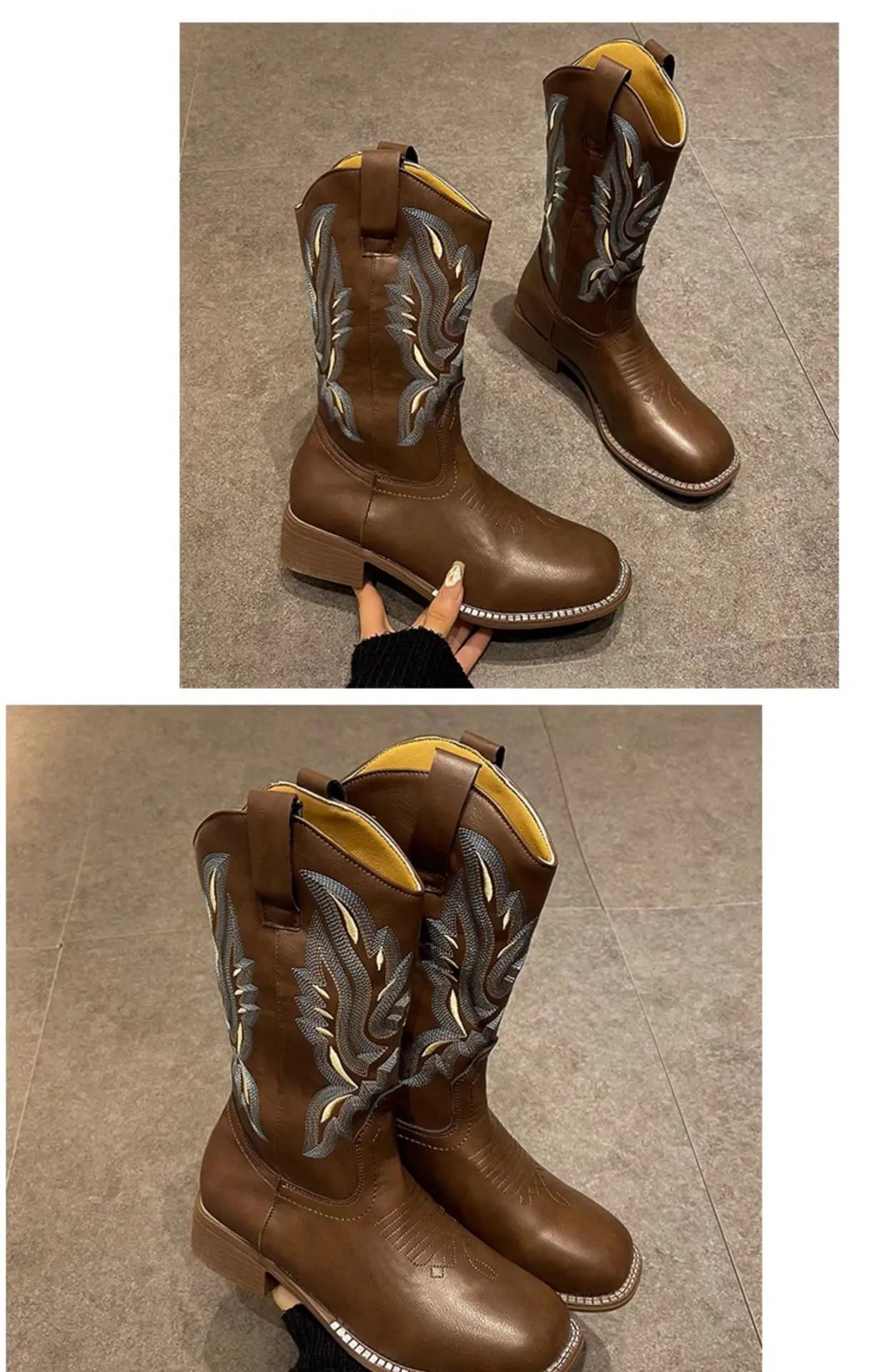 Versatile Western Cowboy Boots Summer Coarse Heel Embroidered Sleeve Knight Boots Mid Barrel Square Head Horseshoe Large