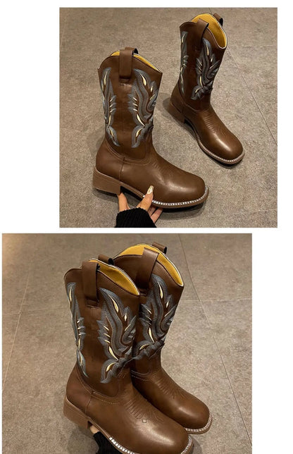 Versatile Western Cowboy Boots Summer Coarse Heel Embroidered Sleeve Knight Boots Mid Barrel Square Head Horseshoe Large
