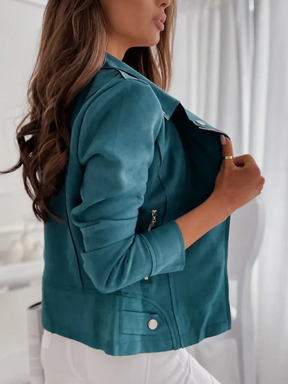 Women Asymmetrical Zip Up Jackets Autumn Female Motorcycle Suede Slim Solid Ride Coats Outwear OULY-OLN9633