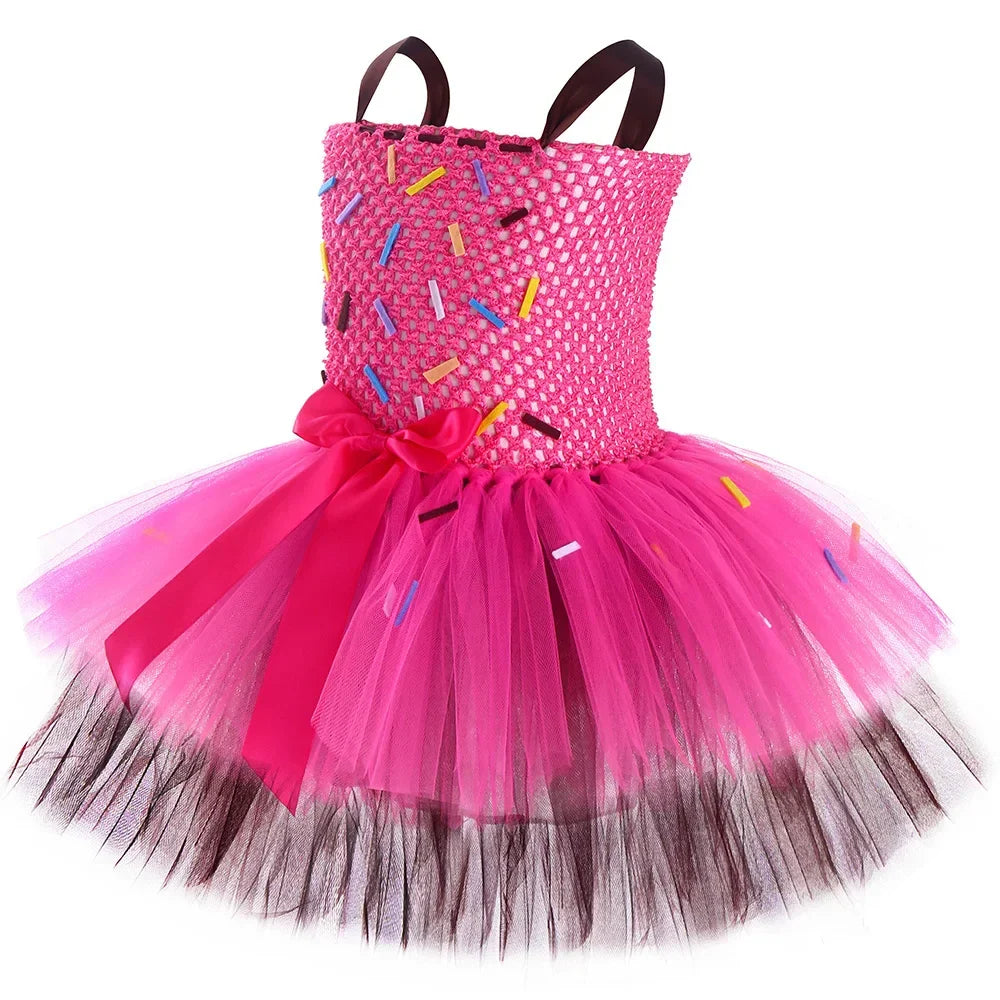 Déguisement de Beignet pour Enfants Robe Tutu Beignet au Chocolat Filles Robe de Princesse d'Anniversaire Fantaisie Vêtements d'Halloween et de Noël pour Enfants