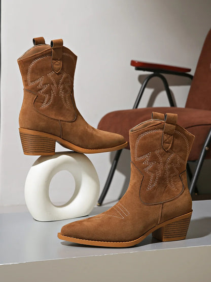 Women Boots 2025 New Cowboy Retro Leather Ankle Boots Comfortable Embroidered Spring Autumn Sexy High Short Boots Botas Mujer