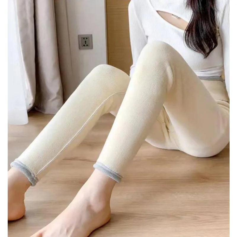 Hiver femmes Leggings solide chaud Leggings épaissir laine d'agneau taille haute polaire garder bout à bout haute extensible pantalon de marche poche