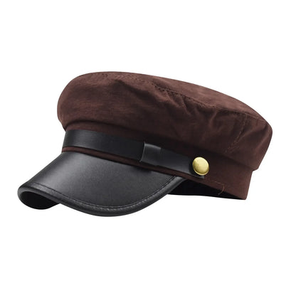 PU Leather Unisex Cycling Caps, Women Men Autumn Sailor Hat Black, Travel Student Hat, Flat Top Captain Hat