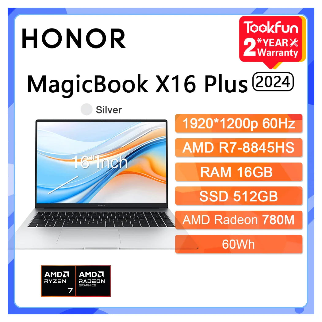 HONOR Laptop MagicBook X16 Plus 2024 BRI-721 16"Inch 2.5K 120Hz AMD Ryzen R7 8845HS 16/32GB 1TB Computer PC Notebook Ultrabook
